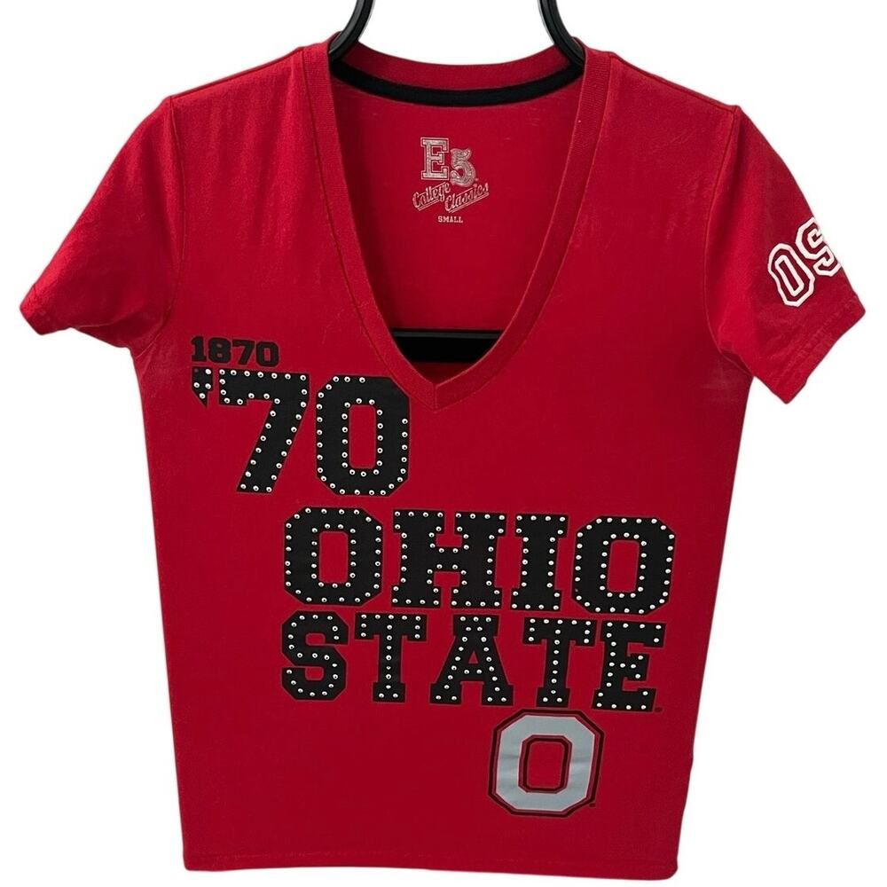 Ohio State Buckeyes Women's S Red V-Neck Bling T-Shirt E5 College Classics 1870